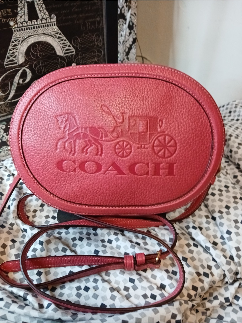 Coach Embossed Red Leather Oval Crossbody Bag